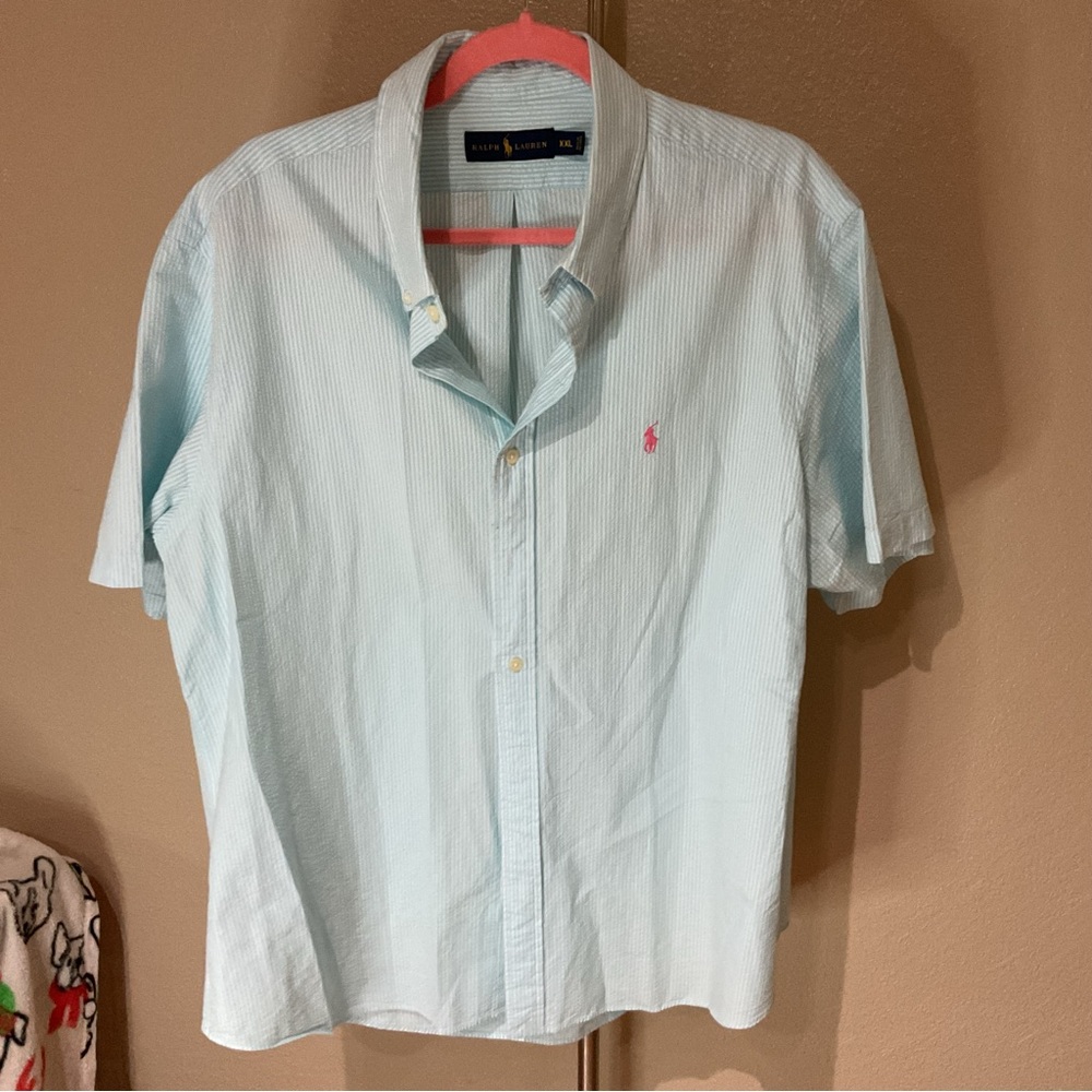 Ralph Lauren Stripes Aqua Short Sleeve Button down Shirt Size XXL